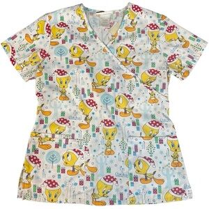 Looney Tunes Tweety Bird Christmas Presents VNeck 3 Pocket Scrub Top Size XS